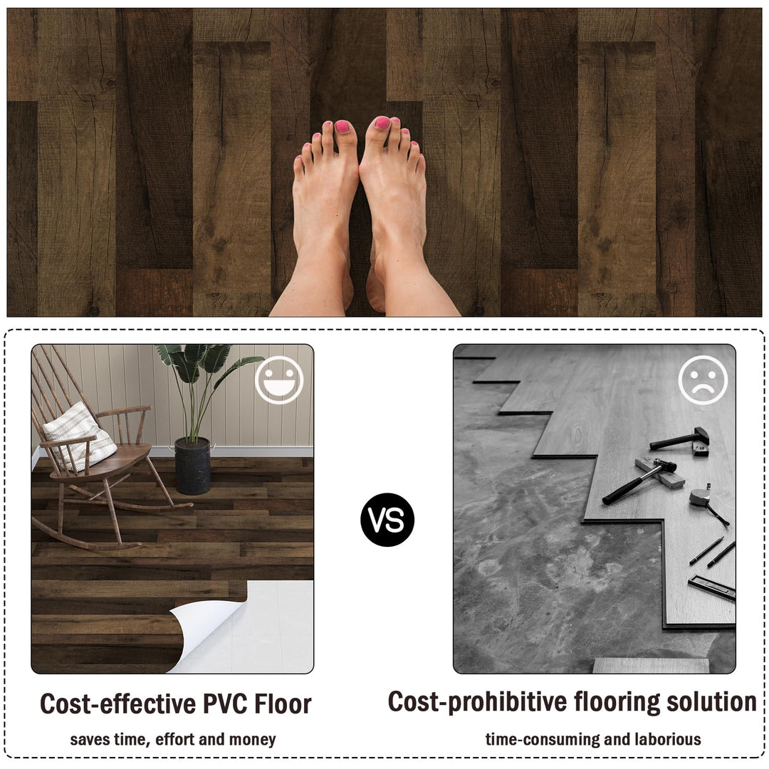 Peel and Stick Vinyl Flooring Roll 24x 196 inch Self Adhesive Vinyl Floor Tiles Wood Plank Look Flooring, Waterproof Wear-Resistant for Living Room Bedroom Kitchen RV, Brown Wood, 32.3 Sq.Ft