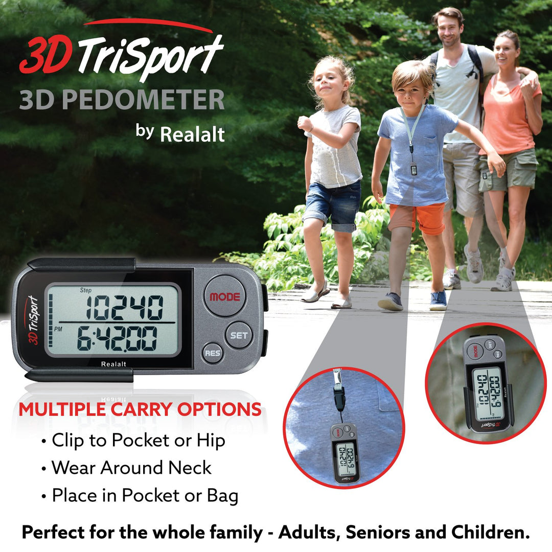 3DTriSport Walking 3D Pedometer with Clip and Strap, Free eBook | 30 Days Memory, Accurate Step Counter, Walking Distance Miles/Km, Calorie Counter (Grey, 3 L x 1.3 W x 0.4 H)