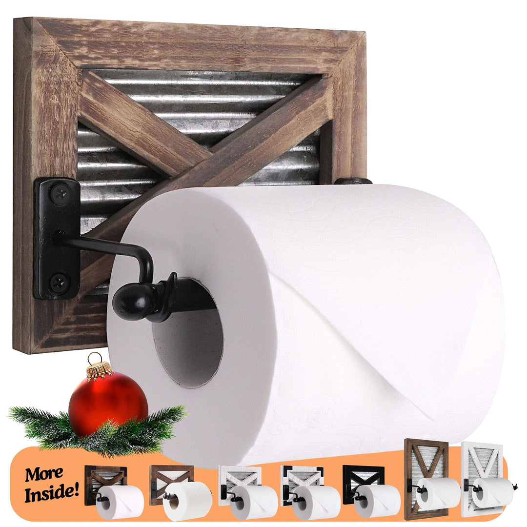 Rustic Farmhouse Toilet Paper Holder Wall - Farmhouse Bathroom Country Decor Accessories with Warm Brown Wood, Galvanized Metal &amp; Black Adds Western Decor Charm