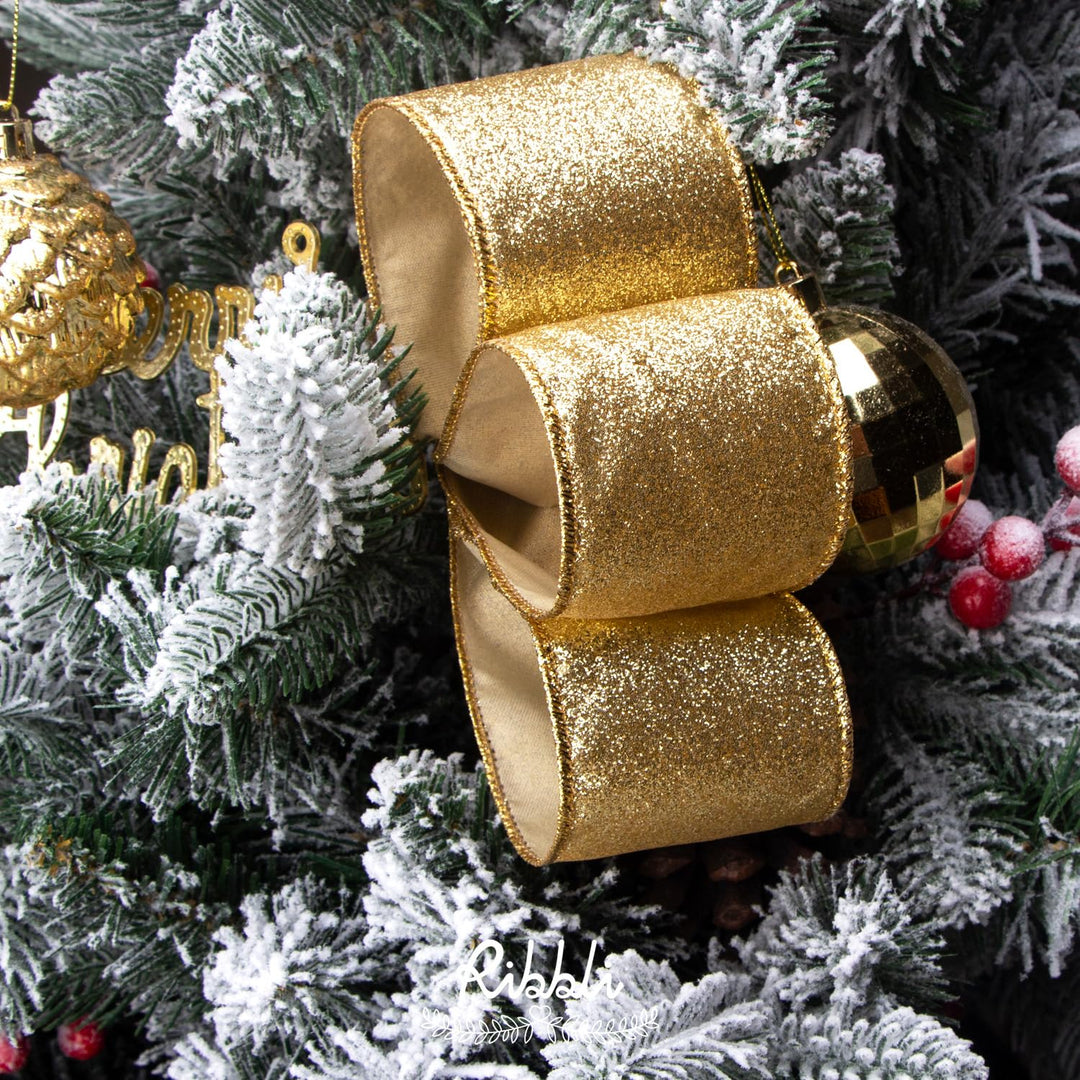 Gold Glitter Wired Ribbon with Gold Metallic Edge,Christmas Ribbon for Wreath, Tree Decoration, Home Decor, 2-1/2 Inch x 10 Yards