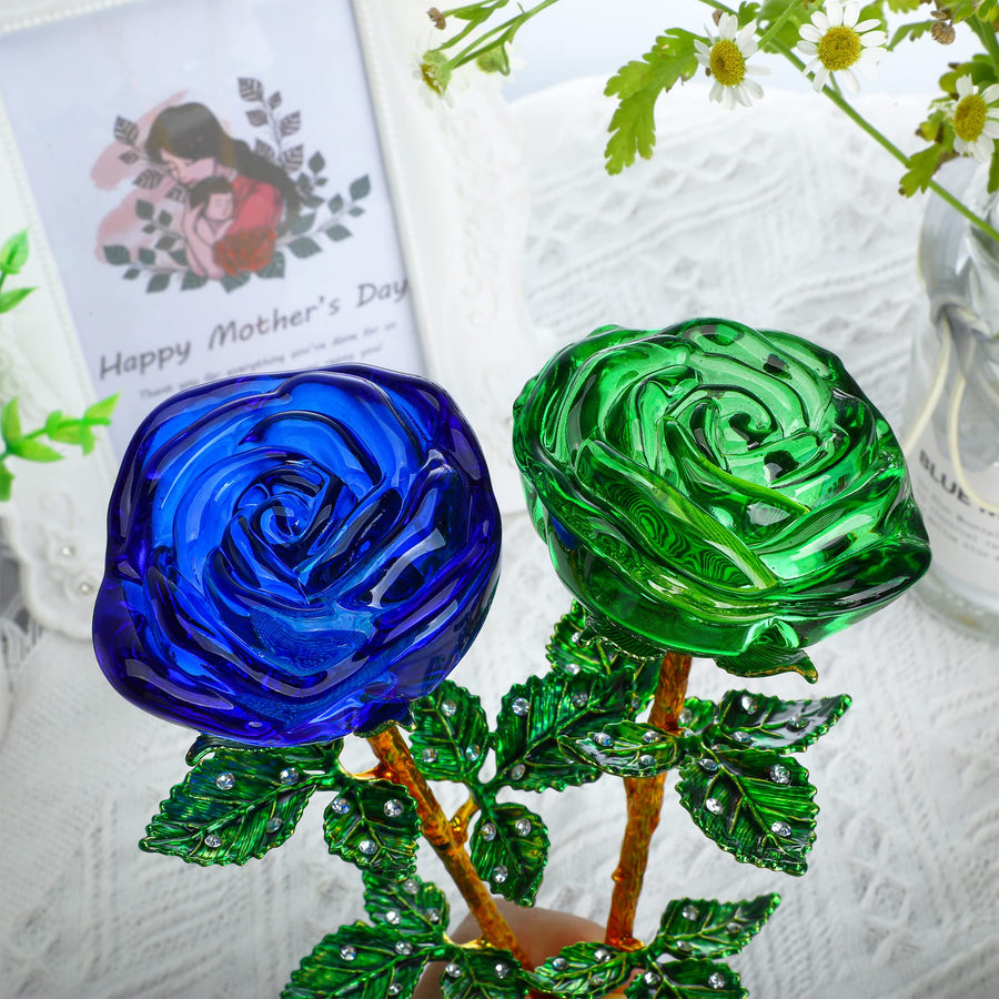 HDCRYSTALGIFTS Crystal Rose Flower Glass Blue and Green