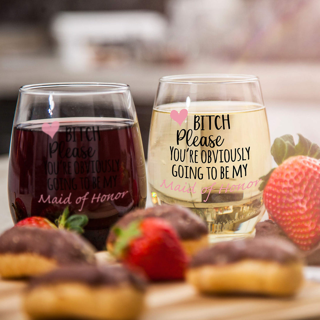 You&#39;re Obviously Going To Be My Maid Of Honor Funny Stemless Wine Glass 15oz – Bridesmaid Proposal Gifts for Best Friend or MOH - Perfect Present for Wedding or Bachelorette Party
