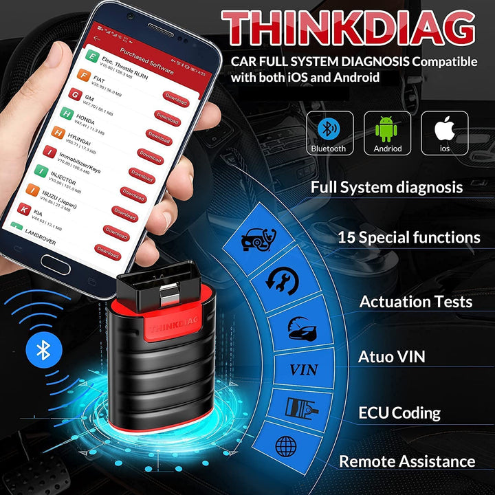 Thinkdiag OBD2 Scanner Bluetooth, All System Bidirectional scan Tool OE Level Diagnostic Tool with ECU Coding,15+ Service Functions, FCA AutoAuth, All Software 1 Year Update fits for iPhone &amp; Android