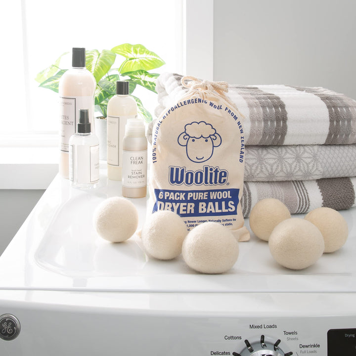 WOOLITE Reusable Wool Laundry Dryer Balls, Cuts Drying Time in Half, Natural Fabric Softener, Reduces Clothing Wrinkles, Eco-Friendly, Money Saver, 6 Pack