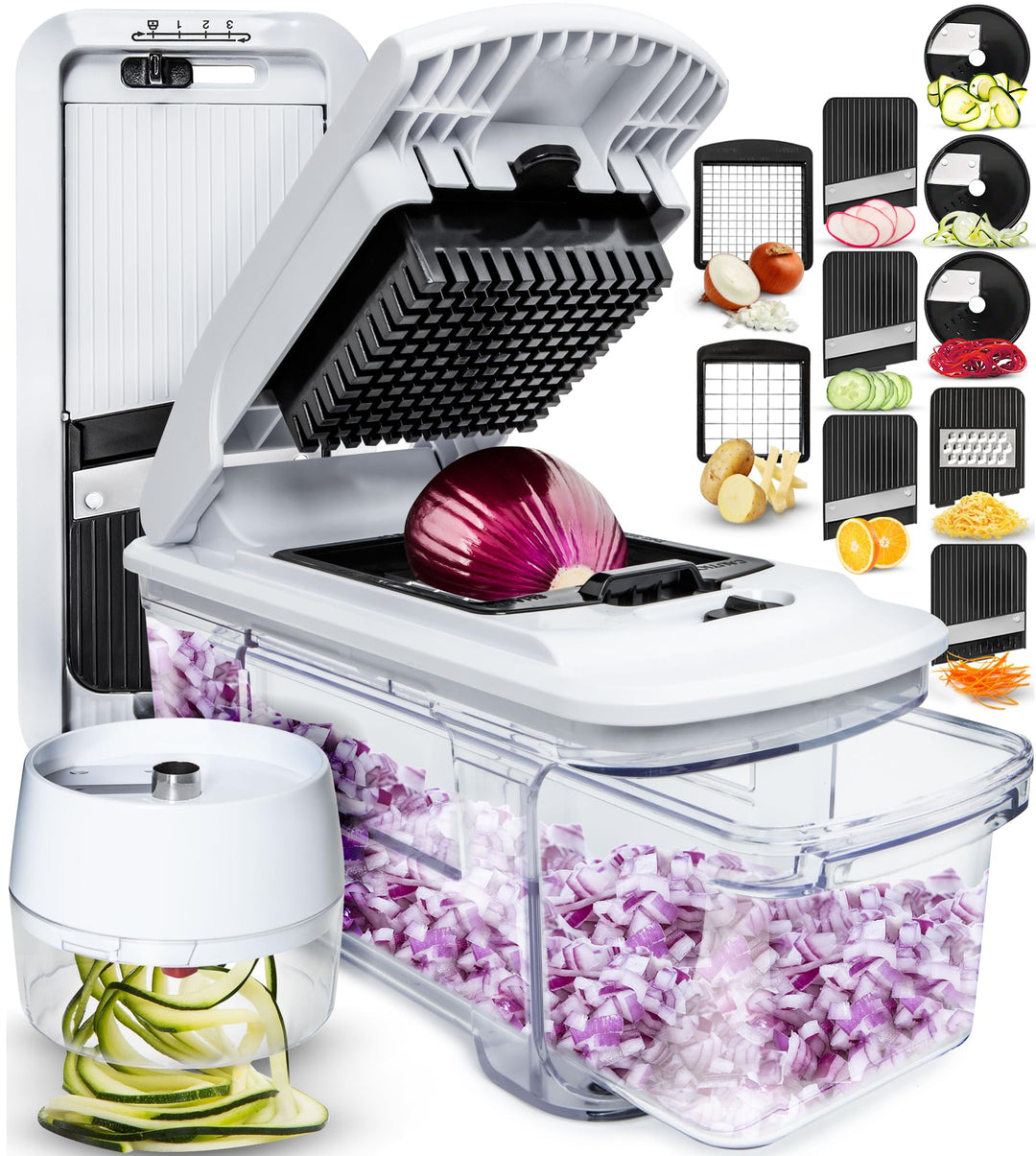 Fullstar All-in-1 Vegetable Chopper, Mandoline Slicer &amp; Cheese Grater - French Fry Cutter &amp; Veggie Dicer - Cheese Slicer - Includes Bonus Handheld Spiralizer (6 in 1, Black/White)
