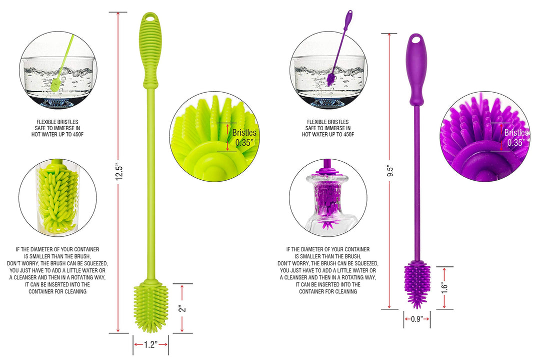 A-Brush Silicone Bottle Cleaner Brush, 2 Piece Set, Flexible, Long Handle - Water Bottle Cleaner, Baby Bottle Nipple Brush for Plastic & Glass, BPA-Free Dish Washing Brush A2S Protection