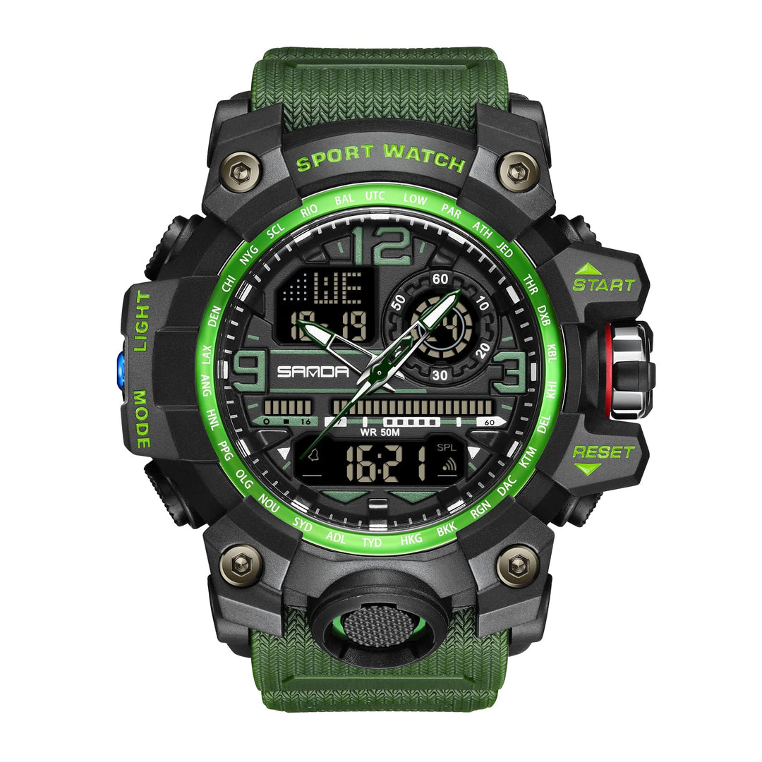 Men&#39;s Watches Sports Outdoor Waterproof Military Watch Date Multi Function Tactics LED Face Alarm Stopwatch for Men (3133_Green)