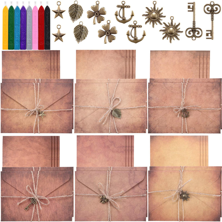 Vintage Envelopes Parchment Paper for Writing Old Looking Paper Letter Writing Kit Classic Aged Stationery Letter, 24 Vintage Paper, 12 Envelope, 12 Rope, 12 Pendant, 8 Sealing Wax Stick