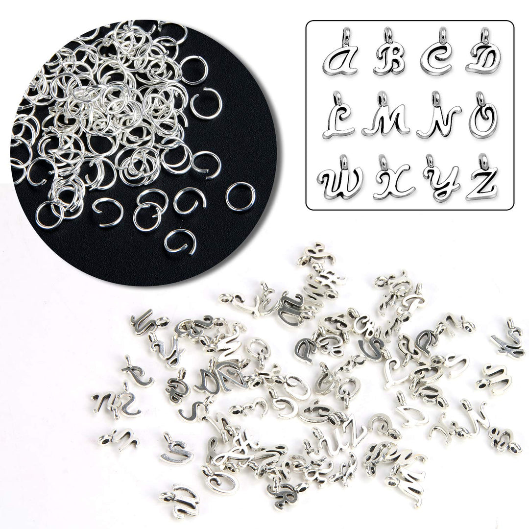 156Pcs/6 Sets ABC Letter Charms Mini A-Z Alphabet Bracelet Necklace Pendants with 200Pcs Open Jump Rings for DIY Jewelry Making