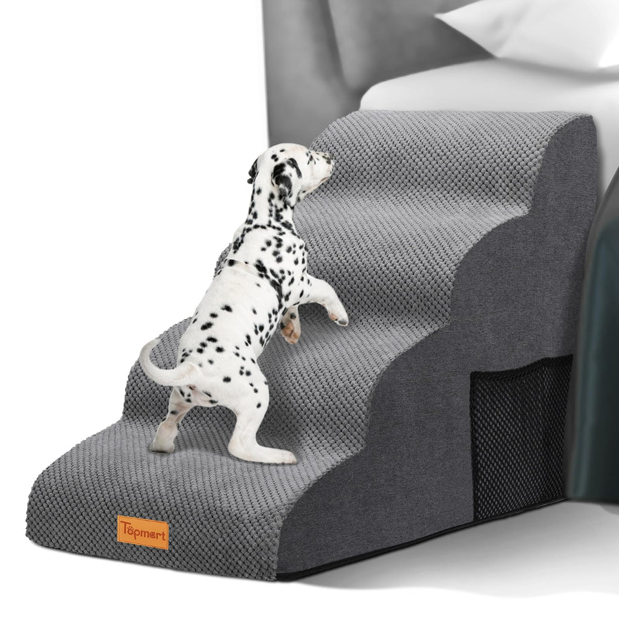 High Density Foam Dog Steps 4 Tiers,Extra Wide Deep Pet Steps,Non-Slip Pet Stairs,Dog Ramp for Bed,Soft Foam Dog Ladder,Best for Older Dogs Injured,Older Pets,Cats with Joint Pain