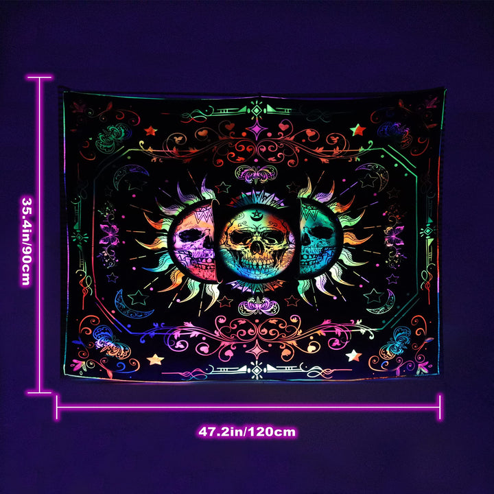 Blacklight Trippy Sun and Moon Stars Tapestry UV Reactive Skull Tapestry Wall Hanging psychedelic Black light Skeleton Tapestries for bedroom aesthetics Party Decor Poster 35.4 * 47.2inch