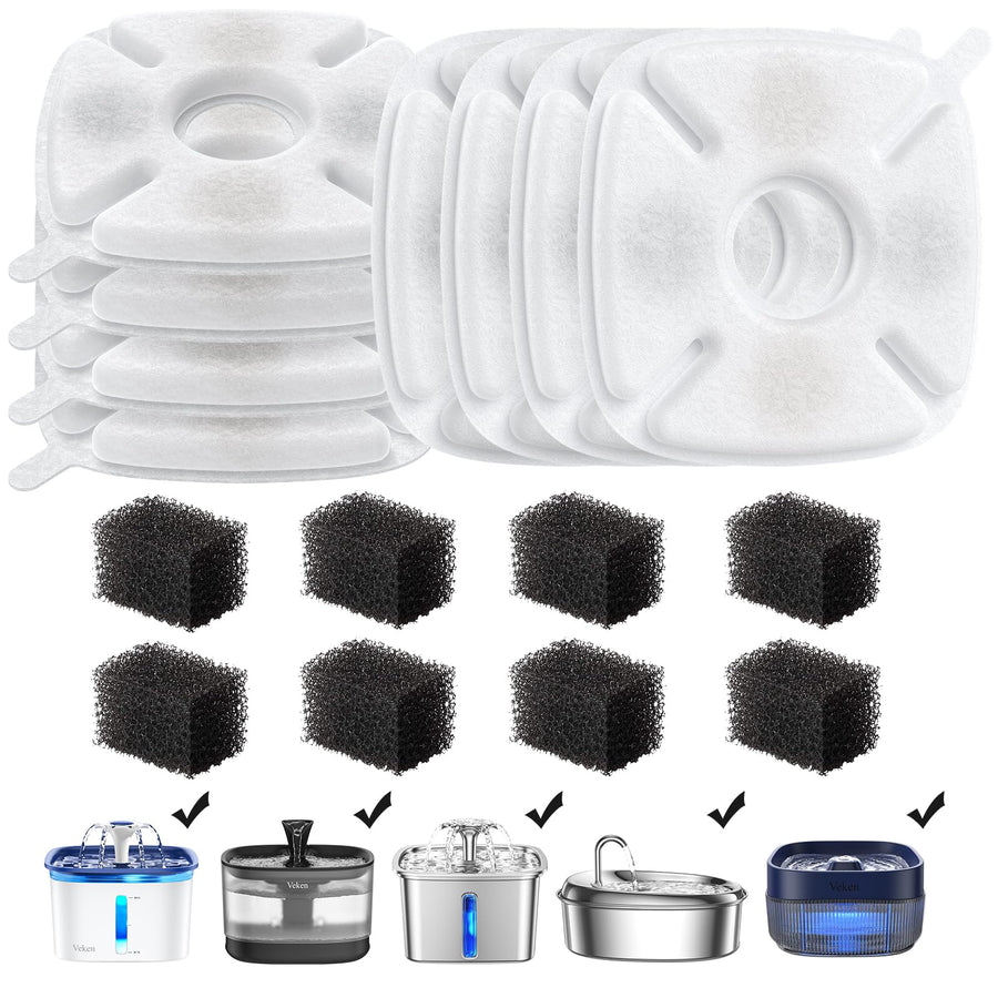 Cat Water Fountain Filter, Classic 8 Pack Replacement Filters & 8 Pack Replacement Pre-Filter Sponges for 67oz, 95oz, 135oz Automatic Pet Fountain Dog Water Dispenser