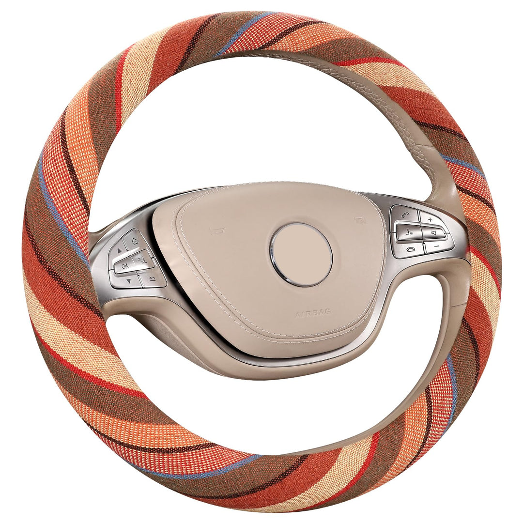 Bohemian Steering Wheel Cover with Ethnic Style, Fits 14 1/2-15 1/4 in Steering Wheel, Car Wheel Protector Acessories for Women, Flax Design, Non-Slip, Boho-Yellow