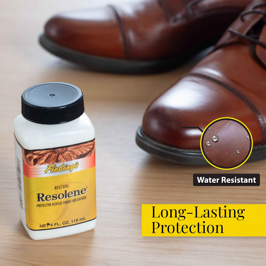 Fiebing&#39;s Acrylic Resolene (4 oz, Neutral) - Protective Acrylic Leather Finisher - Glossy Finish Top Coat for Dyed &amp; Polished Leathercraft - Flexible, Durable, Water Resistant for Boots, Couch, Purse