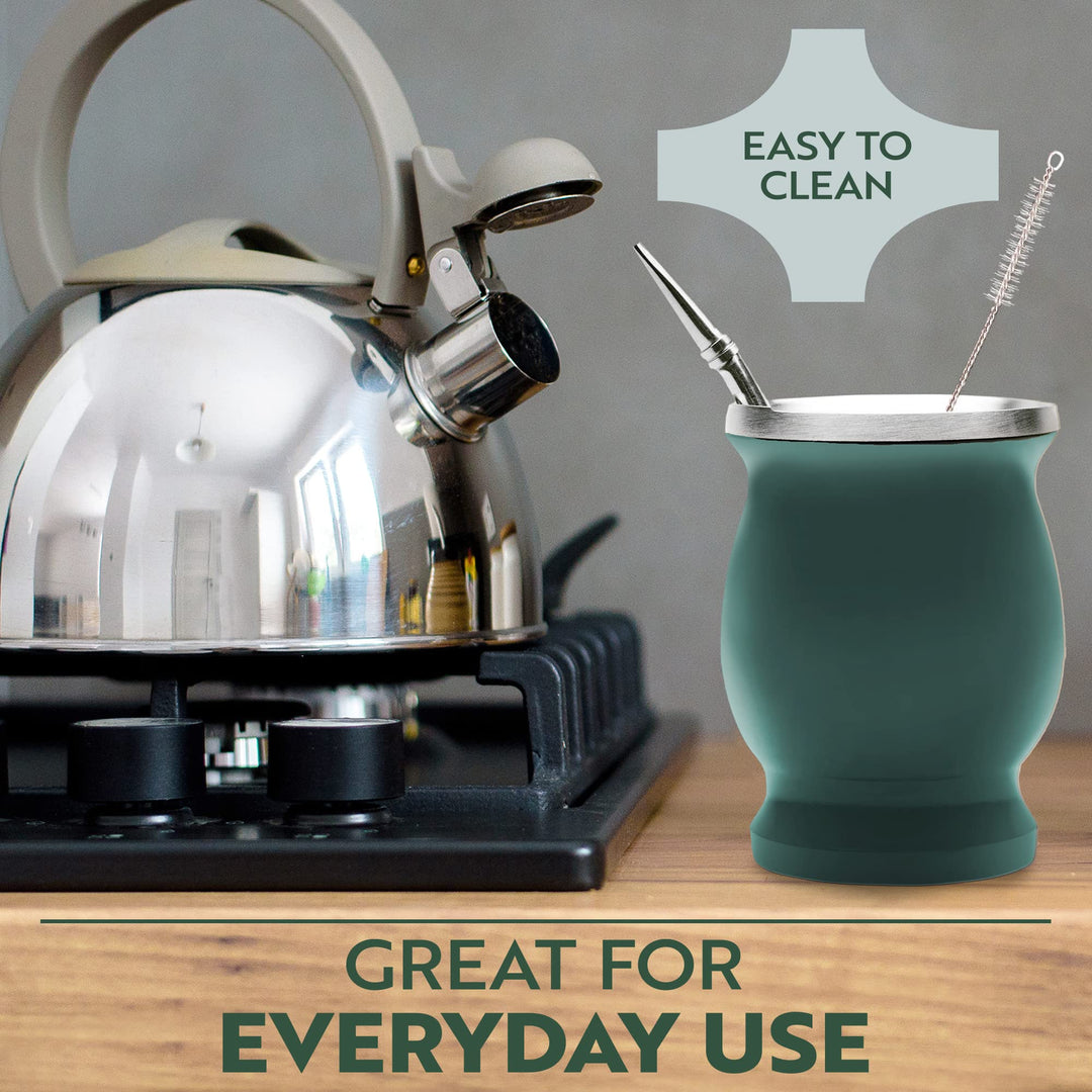 Norte Yerba Mate Natural Gourd/Tea Cup Set Green (Original Traditional Mate Cup - 8 oz) | Includes Bombilla (Yerba Mate Straw) &amp; Cleaning Brush | Green Stainless Steel | Double-Walled | Easy to Clean