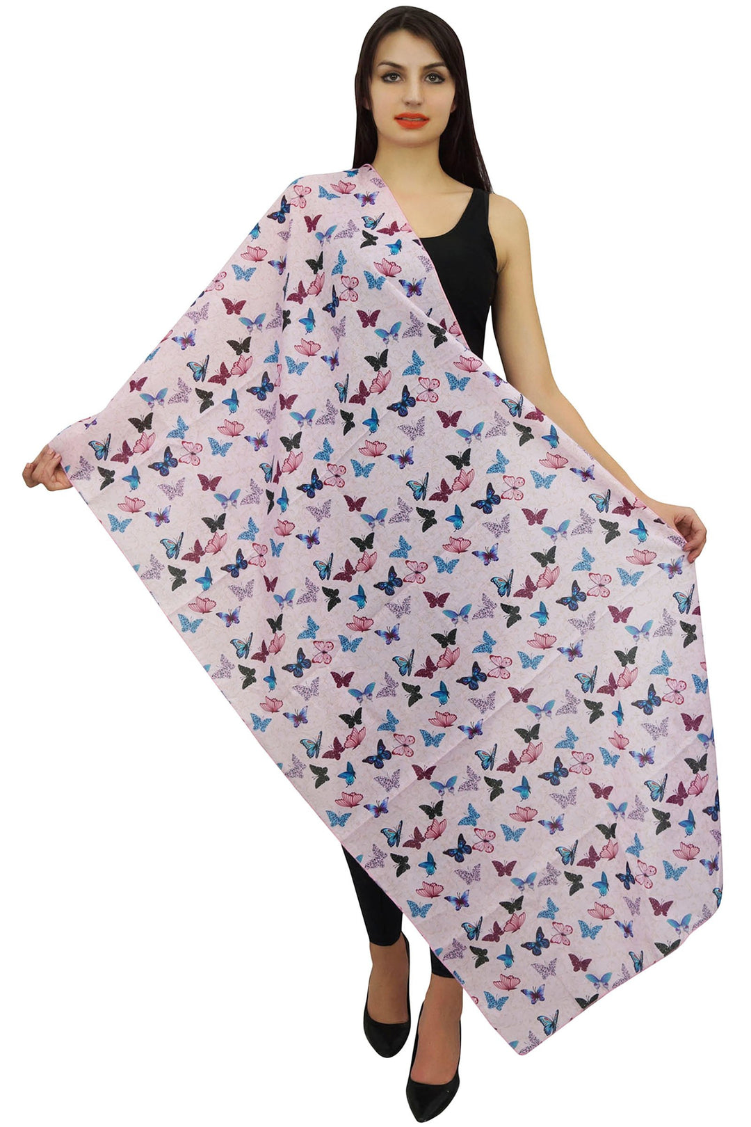 Baby Pink Butterfly Print Women Long Shawl Stole Cotton Voile Scarf