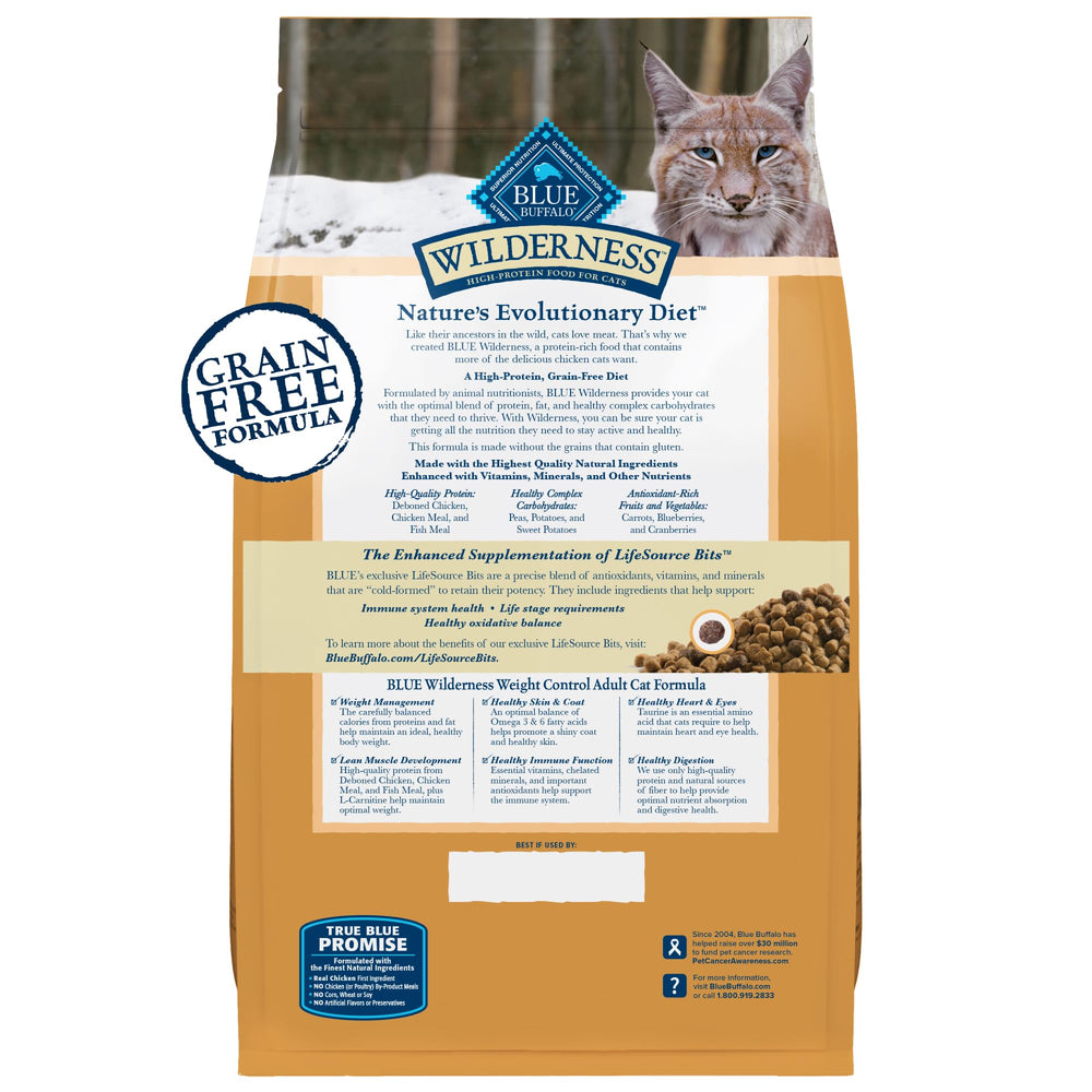 Blue Buffalo Wilderness Natural Adult Weight Management Dry Cat Food, High-Protein & Grain-Free Weight Control Formula, Chicken, 5-lb Bag