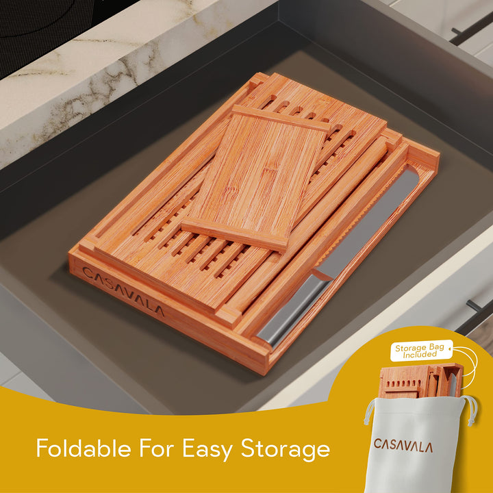 Bamboo Bread Slicer For Homemade Bread - Bread Loaf Slicing Machine With Crumbs Tray, Foldable Bread Cutter, Adjustable Slice Sizes, Bread Cutting Guide With Sharp Bread Knife &amp; Storage Bag