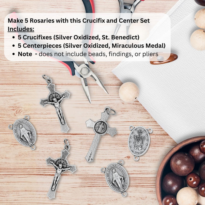 Italian Rosary Making Kit for 5 Rosaries - Catholic Rosary Cross and Center Sets with 1.5” St Benedict Crucifix and 1” Miraculous Medal Rosary Center Pack of 5 Bulk Rosary Parts