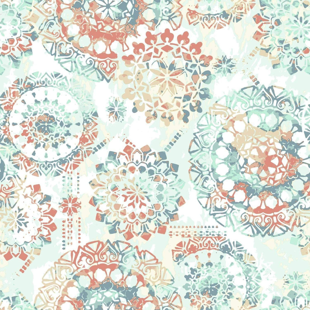 RMK9126WP Orange and Blue Boho Medallion Peel and Stick Wallpaper, Coral, 20.5 x 16.5 feet