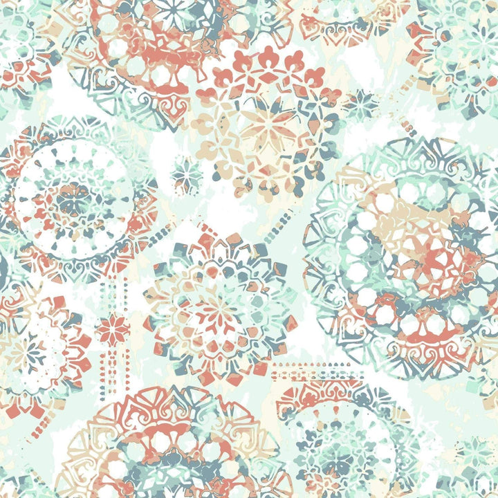 RMK9126WP Orange and Blue Boho Medallion Peel and Stick Wallpaper, Coral, 20.5 x 16.5 feet