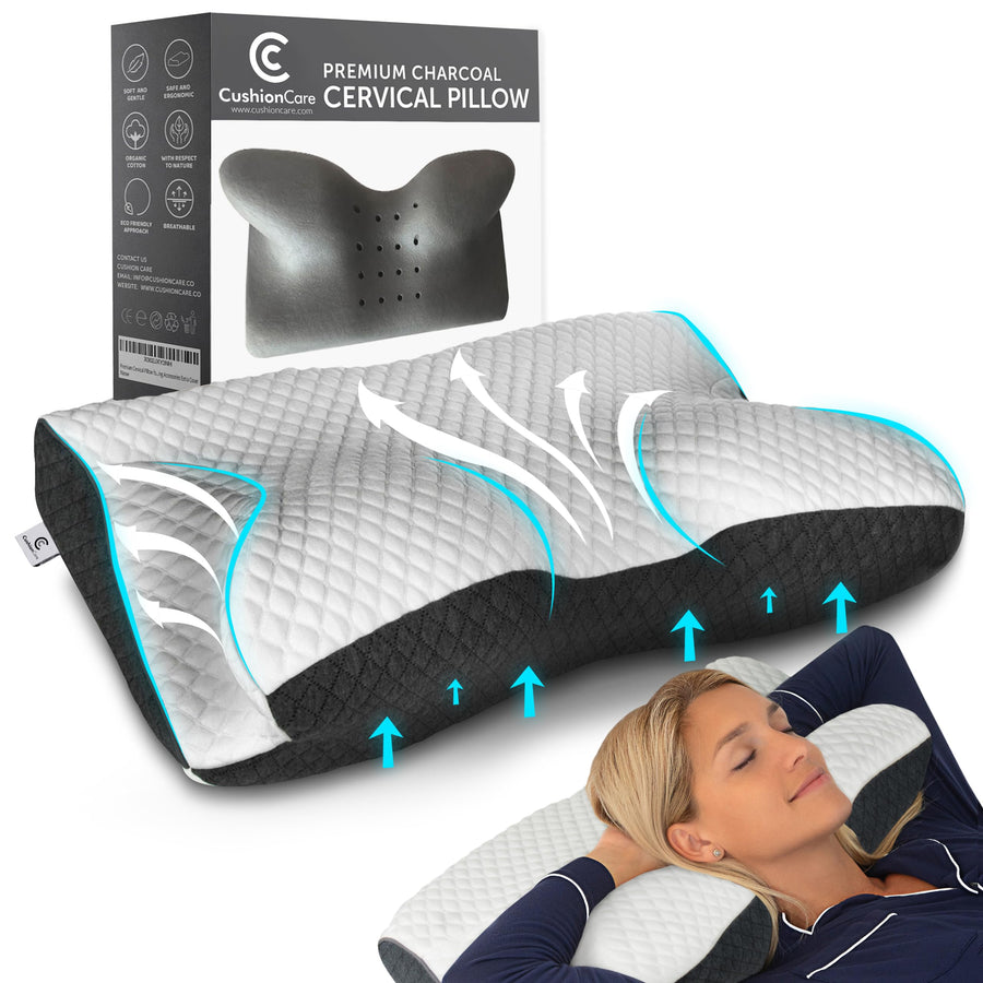 Charcoal Cervical Neck Pillow for Pain Relief Sleeping – Ventilated Memory Foam - Orthopedic Contour Pillow for Side, Back, Stomach Sleeper - Ergonomic Arm, Neck and Shoulder Support Pillows