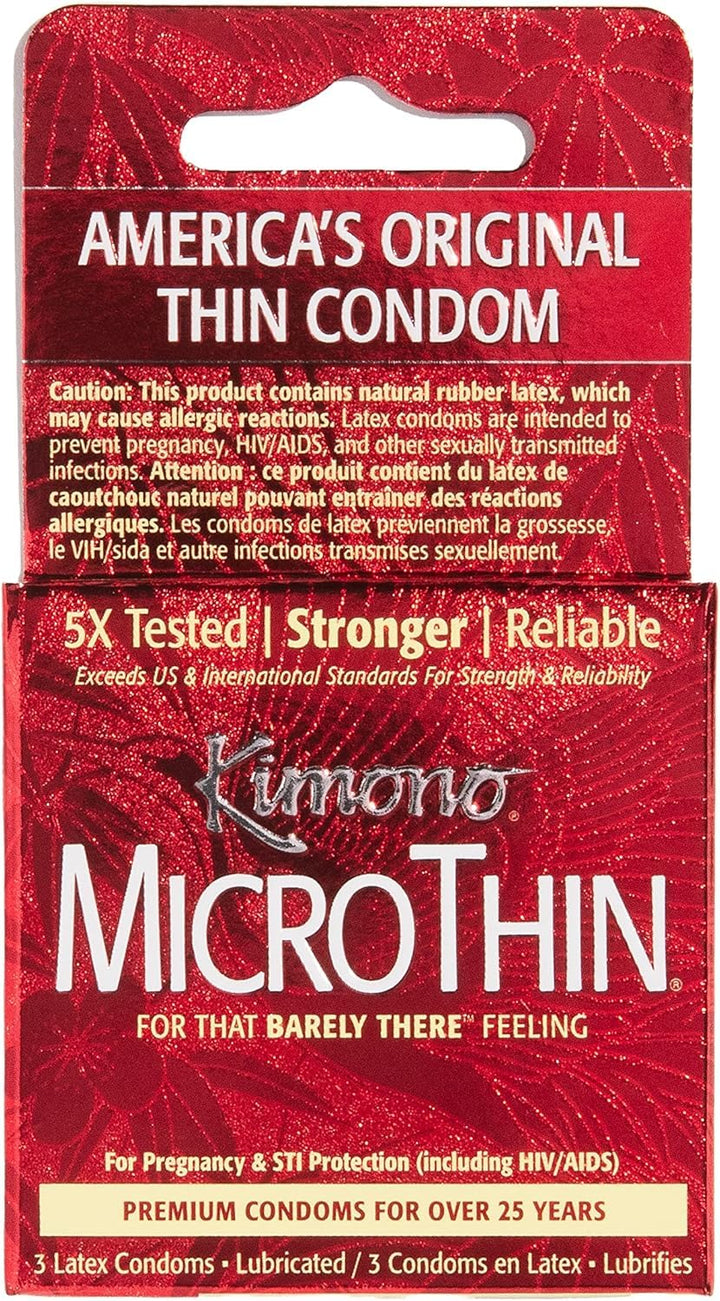 Kimono MicroThin Condoms - Premium Lubricated Natural Latex Condoms, Thinnest, Vegan-Friendly, No Latex Odor - Thin, Strong, and Extra Sensitive - Pack of 3