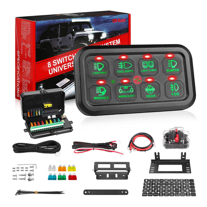8 Gang Switch Panel, Universal Circuit Control Relay System Switch Box 8 On-Off Switch Pod Touch Control Panel Box with Label Stickers and Harness for Truck Pickup SUV UTV Boat Wrangler