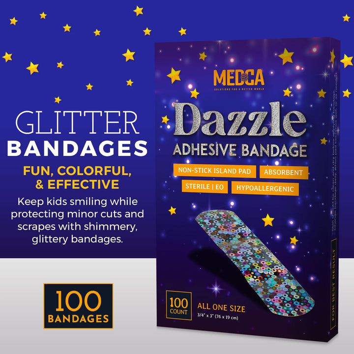 Glitter Bandages for Kids -(100 Count Box) Adhesive Bandage Strips w/Colorful Glitter Design &amp; Latex-Free Individually Wrapped Strips for First Aid, Wound Care, Minor Cuts, Scrapes