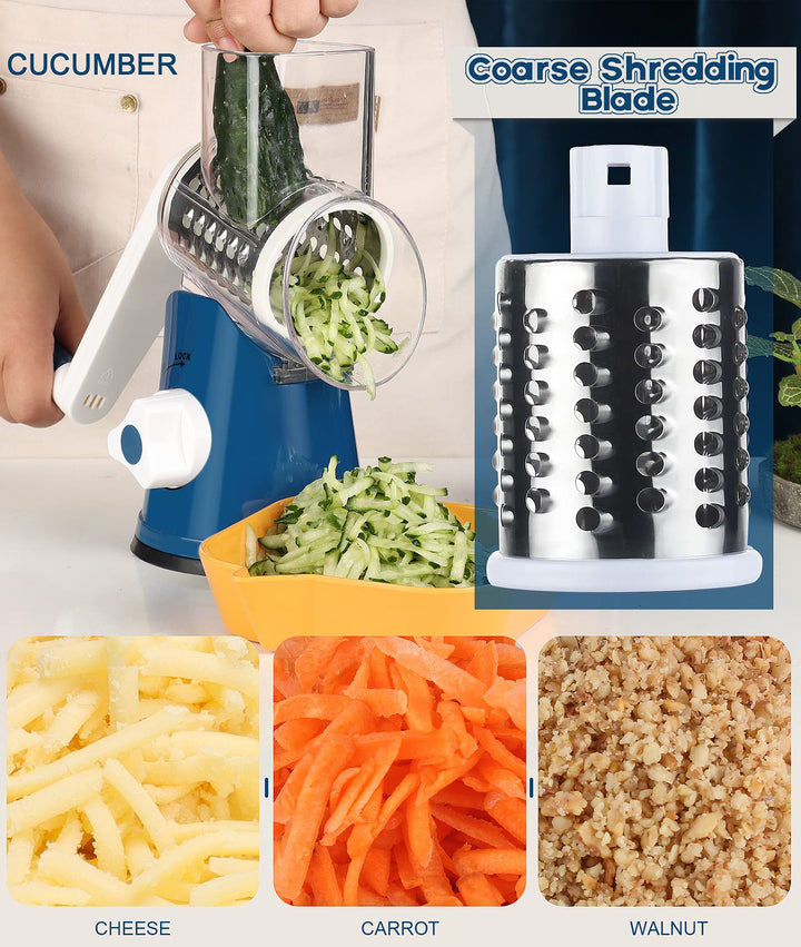 Rotary Cheese Grater Hand Crank, Kitchen Shredder Speed Mandolin Slicer Nut Grinder with Handle and Drum Blades for Cheese, Vegetable, Walnut, Chocolate, Potato, Carrot, 3 Blades, Dark Blue