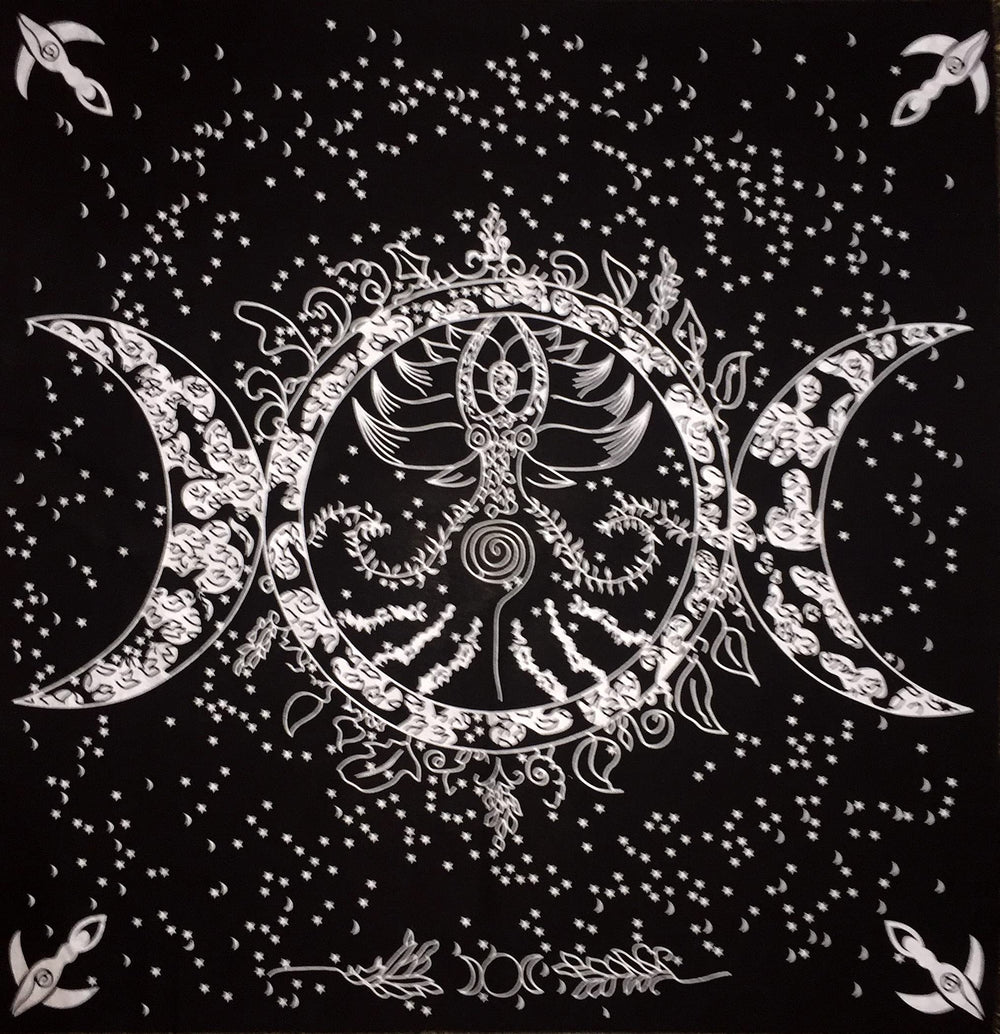 Altar Cloth Triple Moon Goddess Silver Witchcraft Alter Tarot Spread Top Cloth Wiccan Square Spiritual 24 by 24 Sacred Cloth (Triple Moon Goddess Silver Gold)
