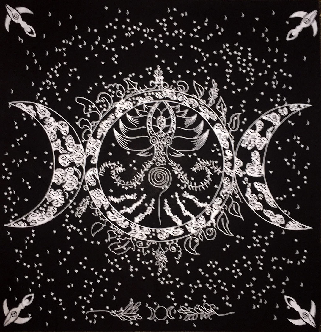 Altar Cloth Triple Moon Goddess Silver Witchcraft Alter Tarot Spread Top Cloth Wiccan Square Spiritual 24 by 24 Sacred Cloth (Triple Moon Goddess Silver Gold)