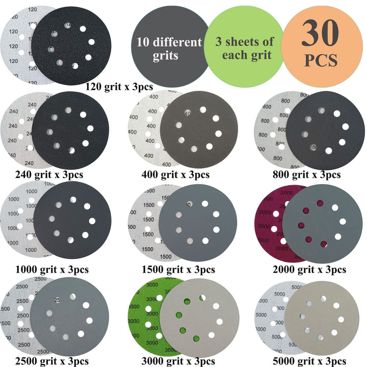 30 PCS 5 Inch 8 Hole #120-#5000 Sanding Discs 120/240/400/800/1000/1500/2000/2500/3000/5000 Grit Compatible for Random Orbital Sander Sanding Grinder (30 PCS 5 inch 8Hole #120-#5000)
