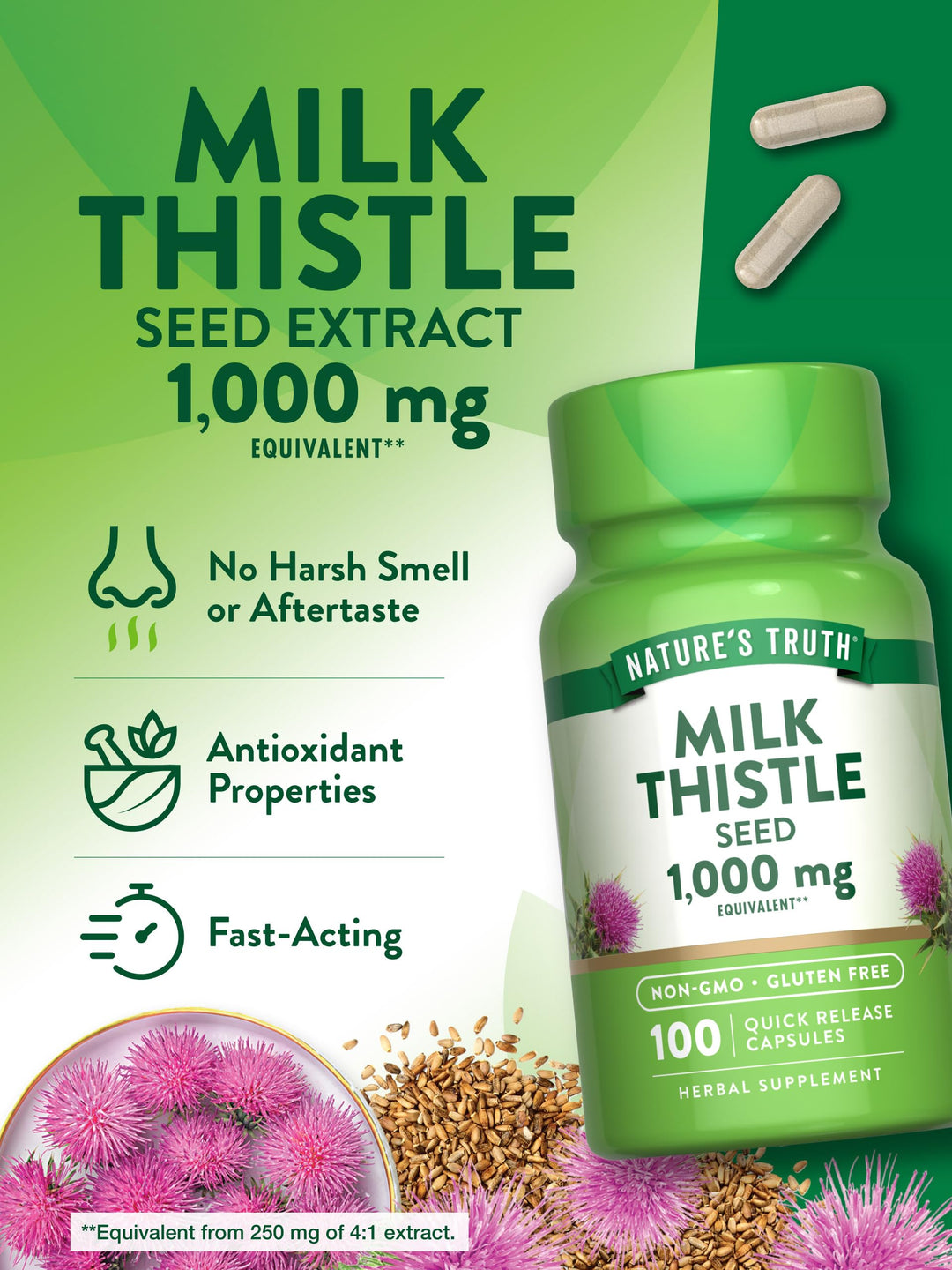 Nature&#39;s Truth Milk Thistle Extract Capsules | 1000mg | 100 Count | Non-GMO &amp; Gluten Free Supplement