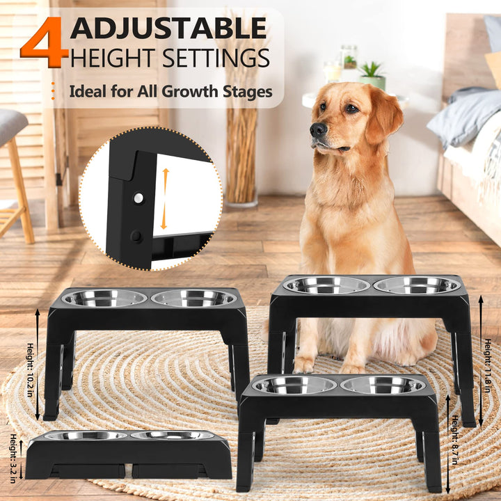 Elevated Dog Bowls Adjustable Raised Stand with Double Stainless Steel Food Bowls Adjusts to 4 Heights 3.1”, 8.6”, 10.2”, 11.8”, for Small Medium Large Dogs and Pets