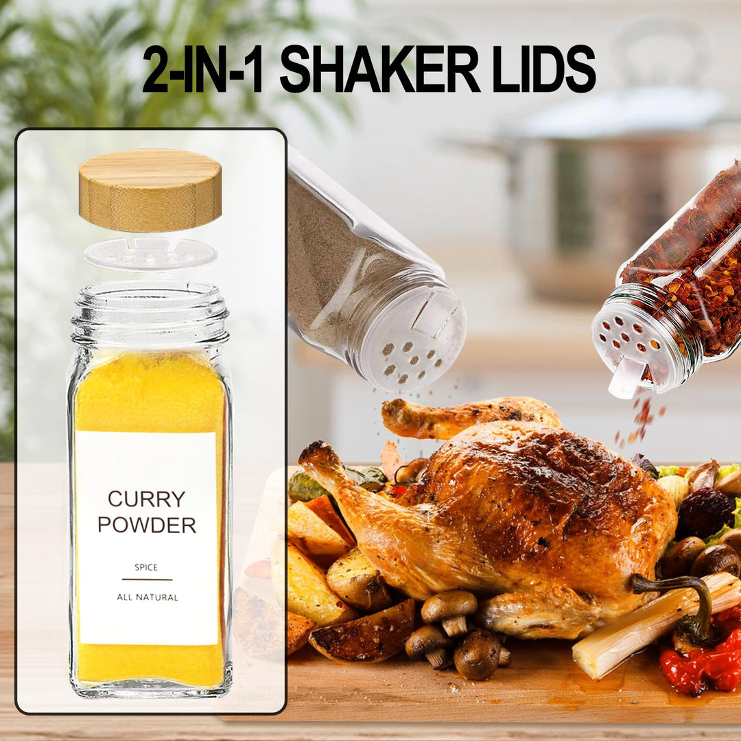 Glass Spice Jars with Bamboo Lids | Square Spice Jar with Labels | Spice Bottles With Shaker Lids | Spice Containers | for Cabinet,Drawer,Spice Rack | Seasoning Organizer (Pack of 24)