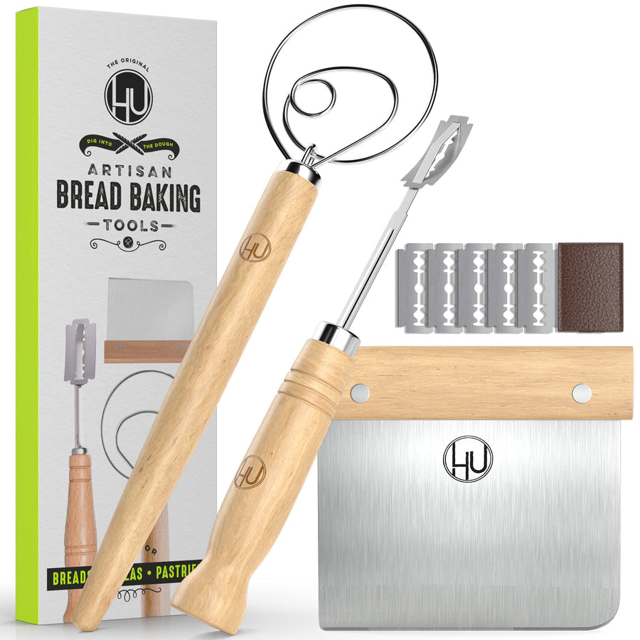 Bread Making Tools and Supplies - Set of 3 - Danish Dough Whisk, Bread Lame, Bench Scraper - Dough Hook with Bread Scraper, Lame Bread Tool, Blades - Great for Baking Sourdough, Pizza, Pastry