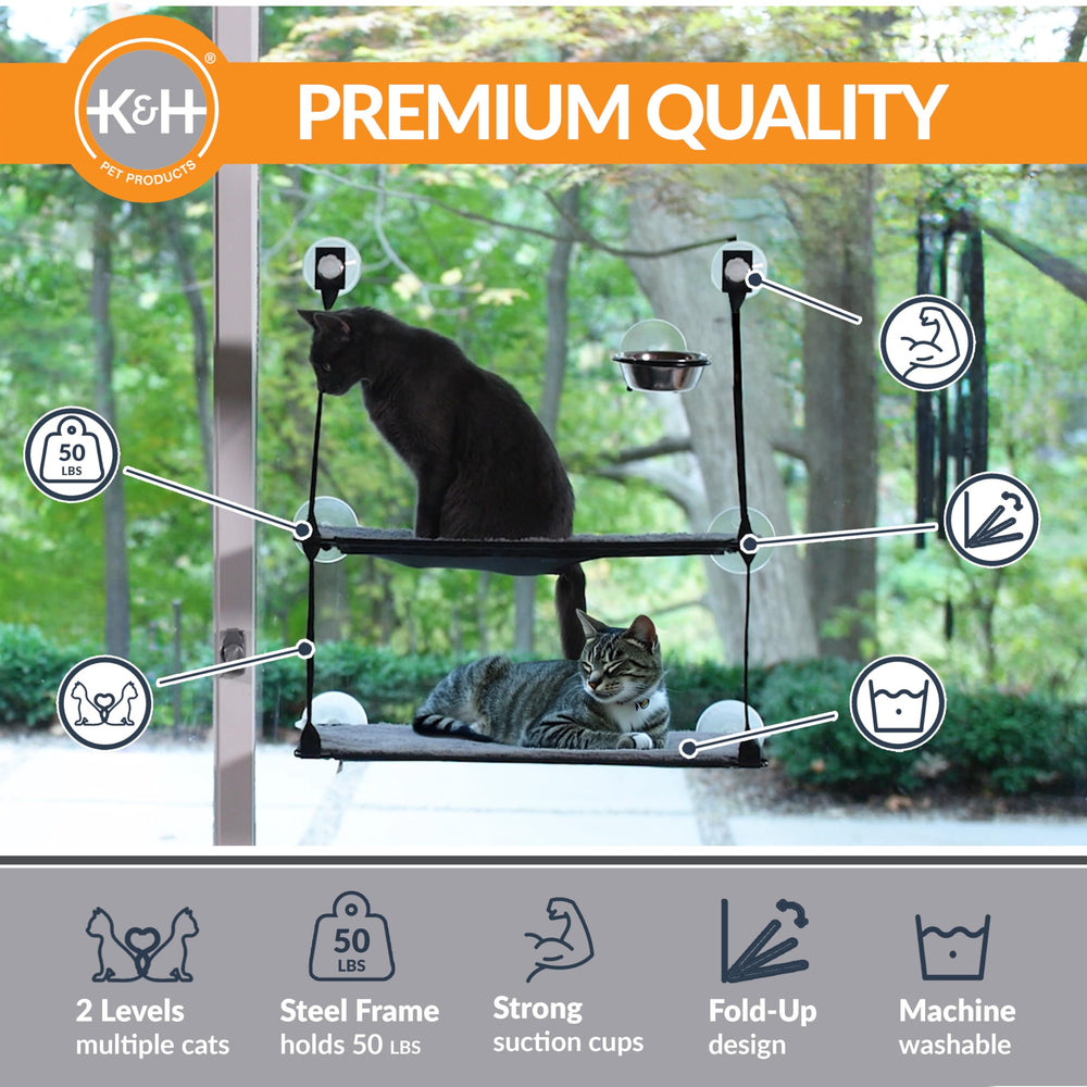 EZ Mount Double Stack Cat Window Perch for Large Cats, Sturdy Window Hammock Bed, Steel Frame, Sturdy Suction Cups, 2 Washable Shelf Covers, Foldable - Fits 27W X 31H Glass Spaces