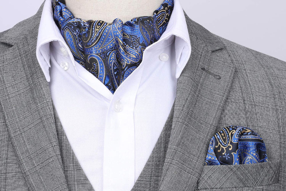 HISDERN Ascot Ties for Men Navy Blue Paisley Cravat for