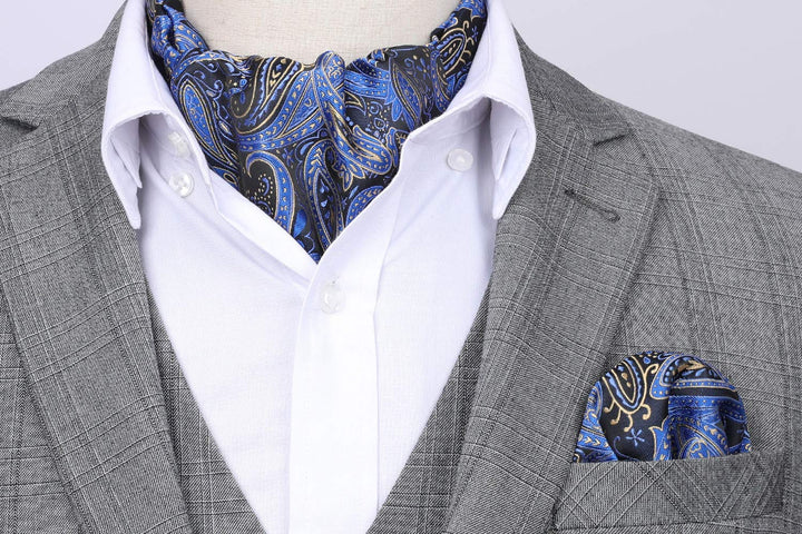HISDERN Ascot Ties for Men Navy Blue Paisley Cravat for