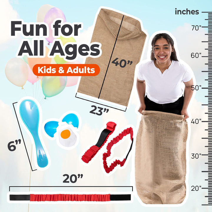4 Player Outdoor Field Day Games, Relay Race Games, Potato Sack Race Bags, 3 Legged Race, Egg &amp; Spoon Race, with Storage Bag - BBQ, Easter Games, Birthday Party Games