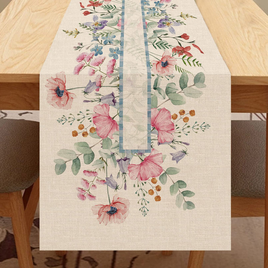 Spring Anemone Flower Eucalyptus Table Runner, Watercolor Plant Leaves Pink Wildflower Floral Home Kitchen Decor, Summer Seasonal Botanical Farmhouse Burlap Dining Decoration Party Supply 13x72