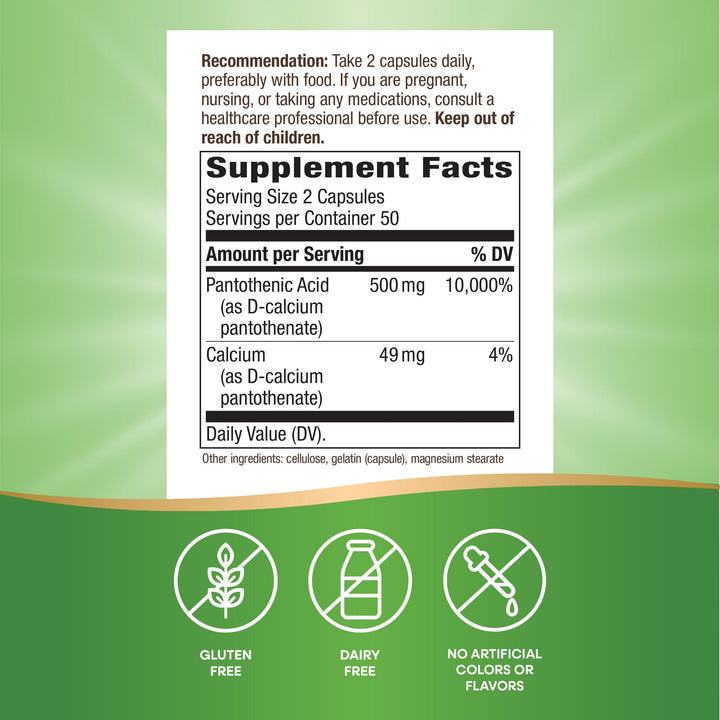 Nature&#39;s Way Pantothenic Acid, Supports Cellular Energy*, 500mg Per Serving, 100 Capsules