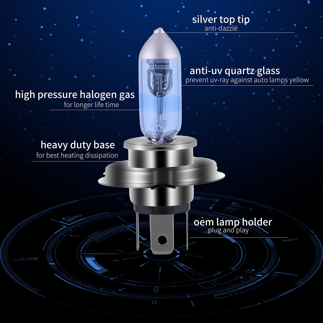 9003 H4 Halogen Headlight H4 Bulb with Super White Light Long Life Replacement P43T 12V 55W/60W (H4, 2 Pack)