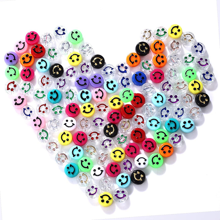 120PCS Happy Face Beads Colorful Flower Polymer Clay Happy Face Beads Vinyl Resin Acrylic Loose Spacer Beads for Bracelet Necklace Earring Jewelry Making Supplies with Elastic String
