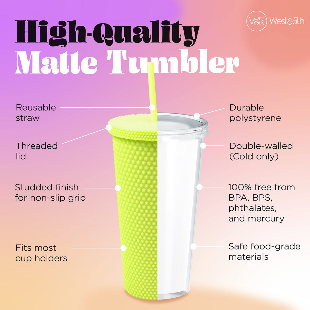 Matte Studded Tumbler with Lid &amp; Straw, Reusable BPA Free Plastic Water Bottle, Travel Friendly Water/Iced Coffee/Cold Brew/Smoothie Textured Cold Cup, 24oz (Yellow)