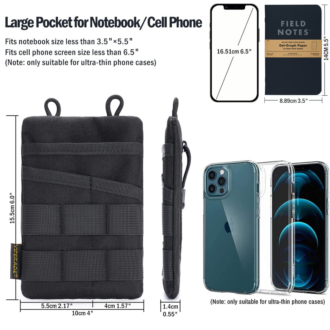 VE3 Tool Pouch Pocket Organizer, Nylon Tool Belt Pouch with 4 Pockets Tool Storage EDC Pouch for Flashlight/Pocket Knife, Tactical Pen, Notebook (Black)