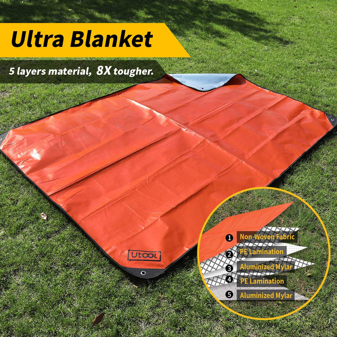 5-Layer Ultra Emergency Blanket Survival Blanket Heavy Duty Thermal Outdoor Waterproof Survival Space Blanket for Hiking, Camping, Orange