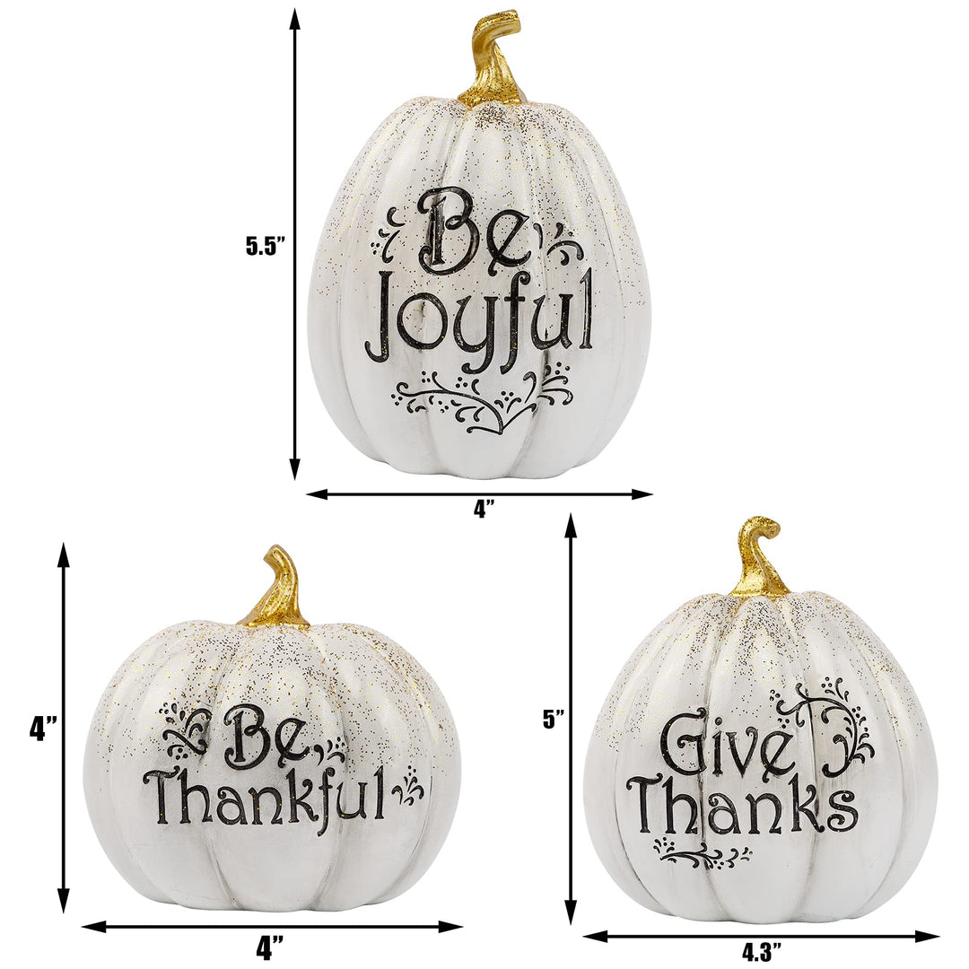 Thanksgiving Tabletop Decorations, Set of 3 Resin Pumpkins Seasonal Fall Autumn Centerpieces for Table Room Kitchen Office (White)