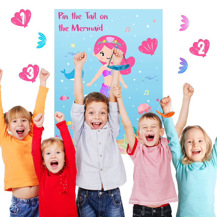 Pin The Tail on The Mermaid Fun Party Game for Kids with 12 Reusable Tails+10 Number Stickers+2 Blindfolds for Kids Birthday Decorations Mermaid Party Supplies